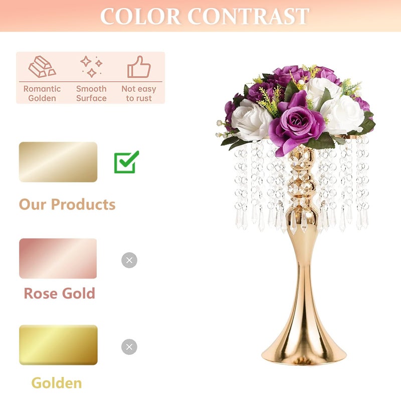 LANLONG Wedding Centerpieces for Tables, 12.99in Metal Gold Vases for Centerpieces, 2PcsTall Crystal Flower Stand for Centerpiece Table Wedding Party Reception Home Decor - Image 3